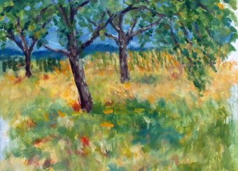 Au Bischberg (Alsace) Peinture à l'huile du peintre de paysage Léon Blumenstein représentant des champs et des arbres avec les vosges en fond