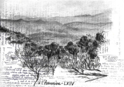LXIV - À l'Amourière (Luberon) Syndrome SGG - Au Sud de soi - Paysage au fusain du Luberon réalisé par Léon