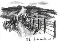 XLIII - Vallée de la Galaure (Drôme) Syndrome SGG - Au Sud de soi - Paysage au fusain de la vallée de la Galaure dans la Drôme des collines réalisé par Léon