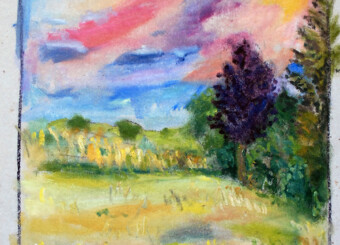 Ciel d'août (Alsace) Peinture de paysage de Léon Blumenstein avec un ciel coloré de rose au couché de soleil