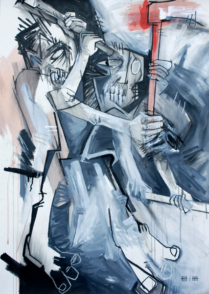 SGG, peinture blanche, grise, noire et rouge d'un personnage entrain de fendre du bois dont le mouvement est décomposé, sommaire de la rubrique Merlin le fendeur