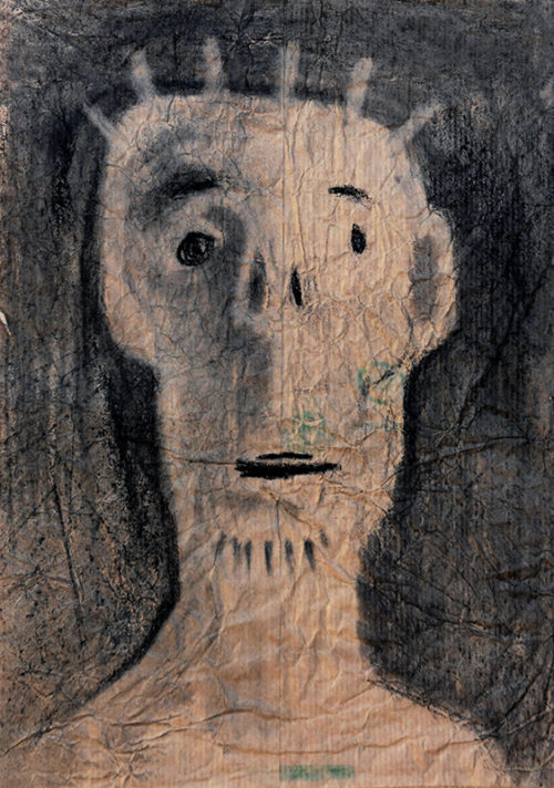Dessin au fusain, par SGG, d'une figure humaine avec une expression hagarde, interdite