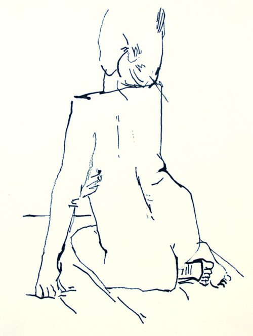 Dessin à l'encre de chine d'une femme nue agenouillée de dos, réalisé par Smëms du Syndrome SGG