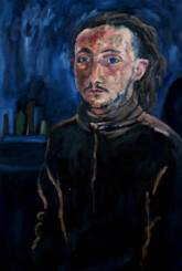 Sans titre Autoportrait de Smëms, regard triste et profond, sur fond bleu nuit