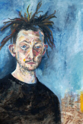 Autoportrait au palmier Autoportrait de Smëms avec des dreadlocks sur panneau d'OSB teinté bleu ciel