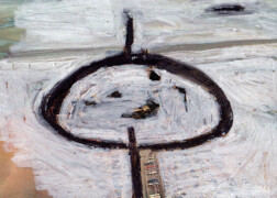 Arrivée au Mont-Saint-Michel Syndrome SGG - W.Alter - abstraction au pastel à l'huile noir, gris et blanc sur carte postale