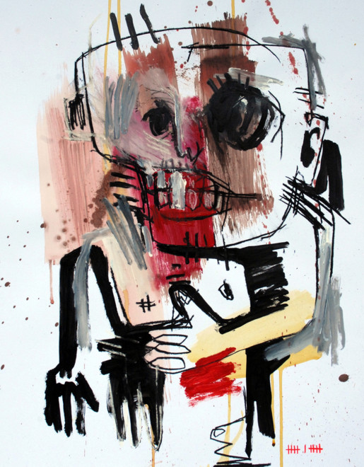 Figure au teint cuir n°2 Peinture expressionniste du Syndrome SGG qui représente un en peu de traits un anthropomorphe monstrueux typique de l'art brut