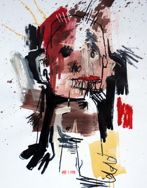 Figure au teint cuir n°1 Peinture expressive du Syndrome SGG qui représente une figure brute et simplifiée, avec éclats de couleurs et tracés nets, apparentée à de l'art singulier