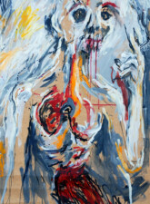 Figure dégueulante 2 (diptyque) Peinture expressionniste d'une figure humaine monstrueuse fumant une cigarette, les poumons et les entrailles transpercés