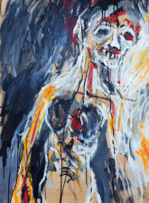 Figure dégueulante 1 (diptyque) Représentation expressive d'un personnage anthropomorphe au visage mort, bouteille en main, coeur ouvert