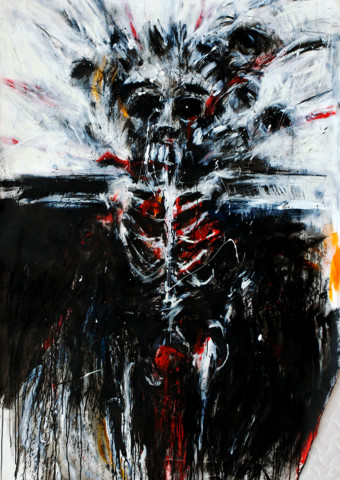 Fin, soulagement Peinture essentiellement noire, blanche et rouge du Syndrome SGG représentant une figure crucifée et écorchée, éventrée, sanguinolant, avec présence de figures monstrueuses l'assaillant