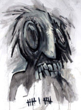 Gueule sans titre Peinture franche type Art Singulier en nuances de gris d'une figure monstrueuse à grandes dents réalisée par SGG