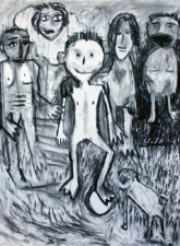 Image d'enfance altérée Représentation de type Art Brut ou Art naïf d'un enfant, entouré de ses parents, oncle et tante, jouant à la balle avec son chien