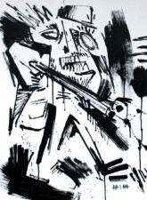 Le Chasseur Représentation brute d'un chasseur à l'encre de chine tirant avec son fusil