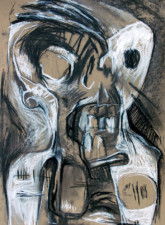 Le Toqué Représentation brutale par SGG au fusain et au pastel blanc sur papier recyclé d'un personnage à tête de mort en train de hurler