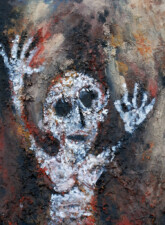 Le Terreux exclu Peinture croûteuse d'une figure fantomatique semblant sortir d'une terre apocalyptique