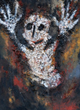 Les Terreux - n°2 De style Art Brut, inspiré de Dubuffet, personnage matiéré simple les bras en l'air semblant s'envoler du chaos