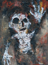 Les Terreux - n°1 Personnage enfantin peint sur terre ressemblant à un fantôme qui lève la main pour appeler à l'aide