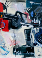 L'Ordre Inspirée par Basquiat, peinture de genre Brut d'un policier CRS pointant son arme sur un personnage de gauche venant de cueillir une fleur