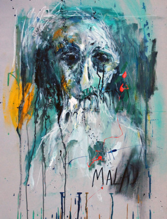 Malad Peinture jetée et expressive sur carton recyclé par SGG d'une figure anthropomorphe ayant un teint malade