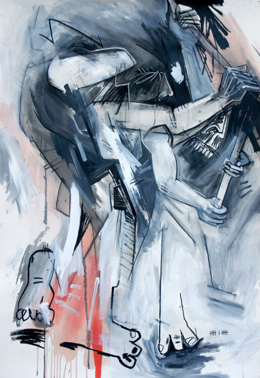 Merlin le Fendeur Peinture expressive du Syndrome SGG - Décomposition du mouvement d'une figure humaine monstrueuse s'apprêtant à fendre du bois