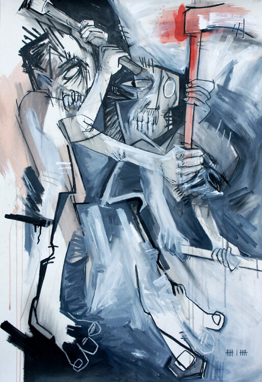 Merlin le Fendeur Peinture puissante du Syndrome SGG figurant un personnage anthropomorphe muni d'une hache dont le mouvement est décomposé