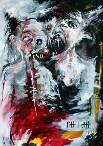 Moi et l'Autre (ou l'Intranquillité) Peinture expressioniste du Syndrome SGG représentant un humain (autoportrait) et, derrière lui, son double monstrueux