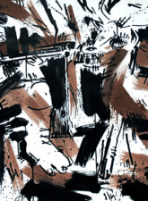 Scène de chasse Peinture expressive et violente à l'encre noire et brune représentant un chasseur tirant sur un cerf