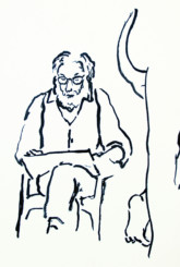 Lionel et modèle Dessin à l'encre d'un vieil homme dessinant son modèle, nue, dont on voit les jambes et le fessier